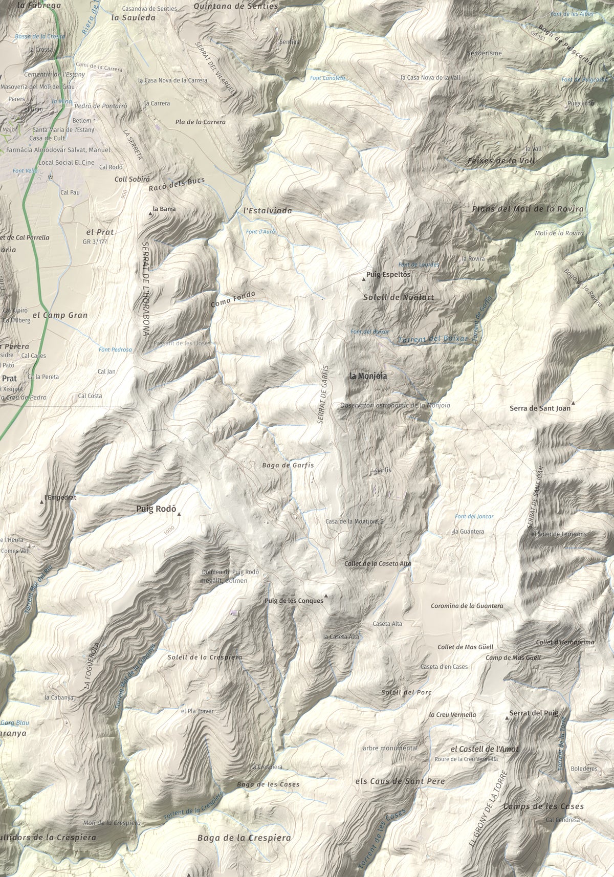 Mapa de relieve de Puig de la Caritat, 1010 m, Moianès, lámina 100 Cims de Trobart. Detalle de la zona inferior derecha. 70 × 100 cm.