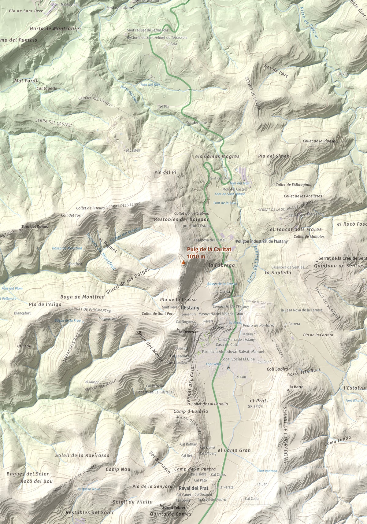 Mapa de relieve de Puig de la Caritat, 1010 m, Moianès, lámina 100 Cims de Trobart. Detalle de la zona central. 70 × 100 cm.