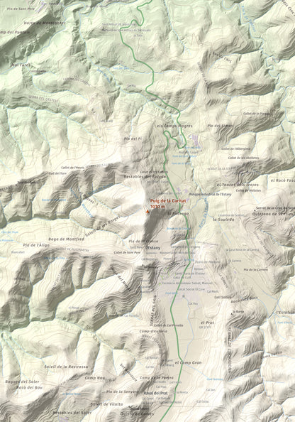 Mapa de relieve de Puig de la Caritat, 1010 m, Moianès, lámina 100 Cims de Trobart. Detalle de la zona central. 70 × 100 cm.