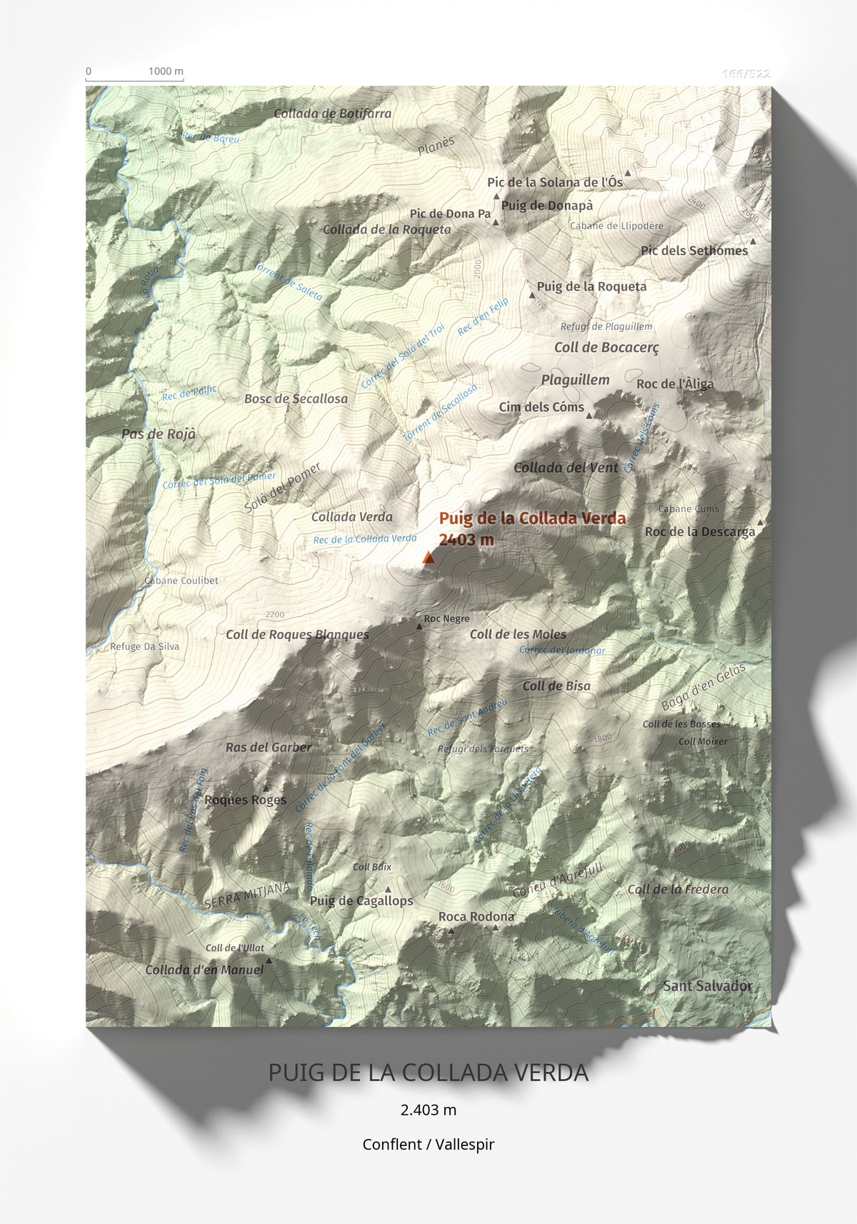Mapa de relieve de Puig de la Collada Verda, 2403 m, Conflent · Vallespir, lámina 100 Cims de Trobart 21 × 30 cm.