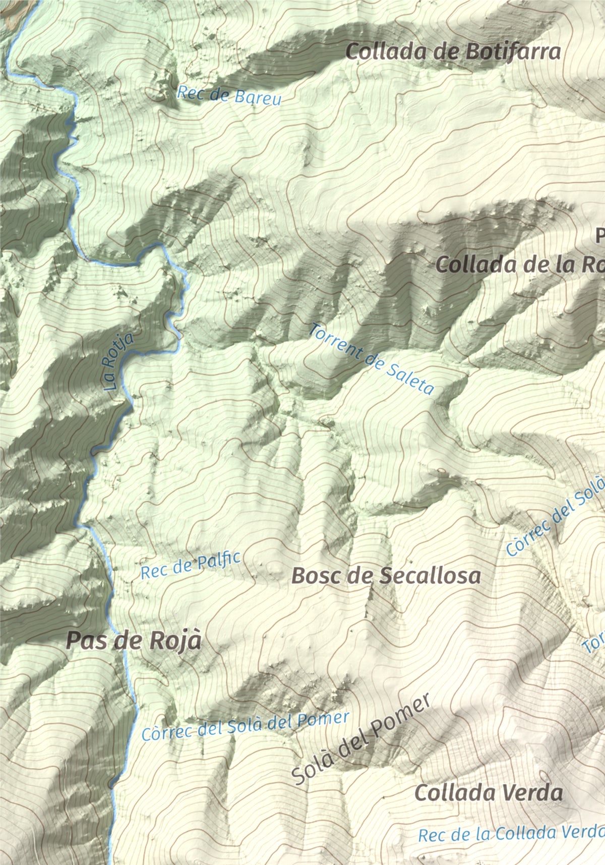 Mapa de relieve de Puig de la Collada Verda, 2403 m, Conflent · Vallespir, lámina 100 Cims de Trobart. Detalle de la zona superior izquierda. 21 × 30 cm.