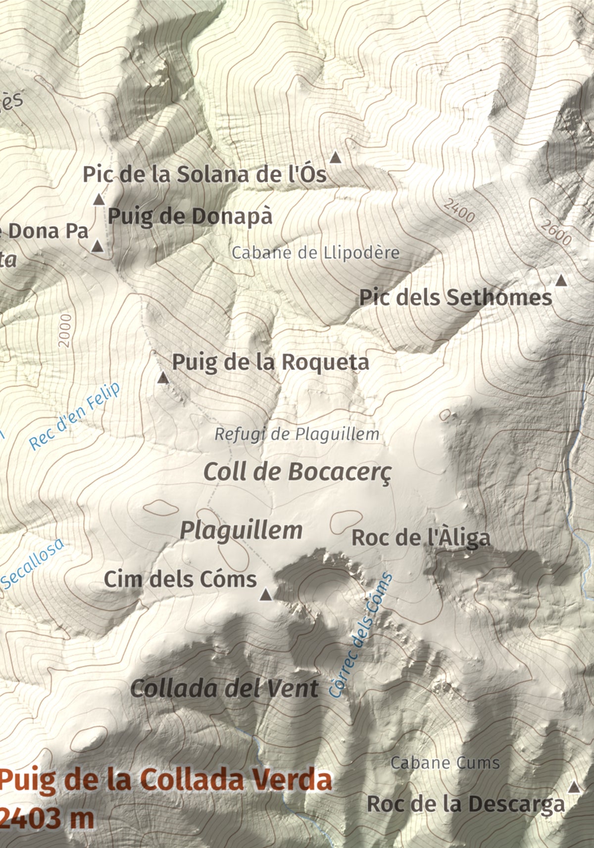 Mapa de relieve de Puig de la Collada Verda, 2403 m, Conflent · Vallespir, lámina 100 Cims de Trobart. Detalle de la zona superior derecha. 21 × 30 cm.