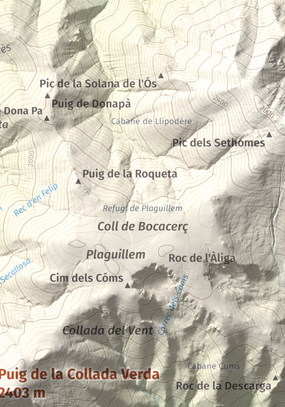Mapa de relieve de Puig de la Collada Verda, 2403 m, Conflent · Vallespir, lámina 100 Cims de Trobart. Detalle de la zona superior derecha. 21 × 30 cm.