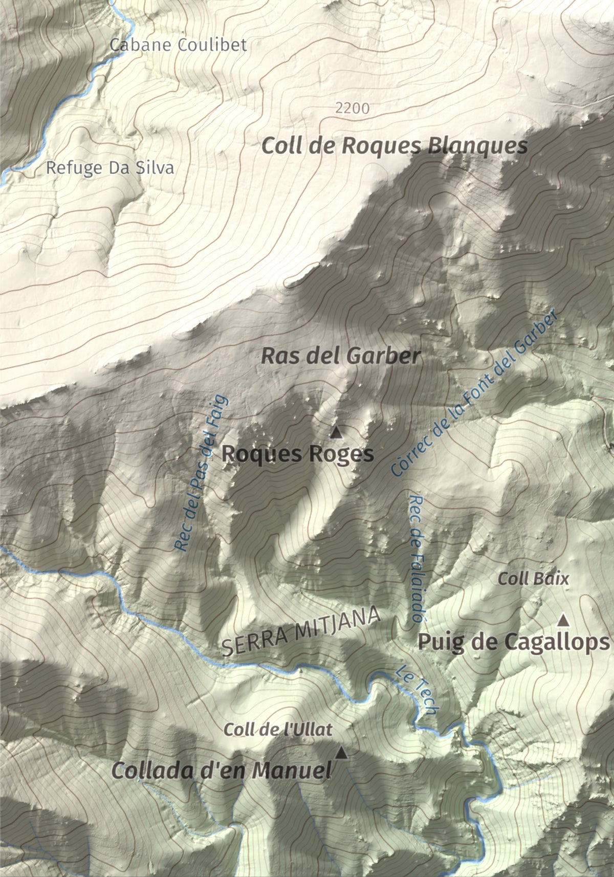 Mapa de relieve de Puig de la Collada Verda, 2403 m, Conflent · Vallespir, lámina 100 Cims de Trobart. Detalle de la zona inferior izquierda. 21 × 30 cm.