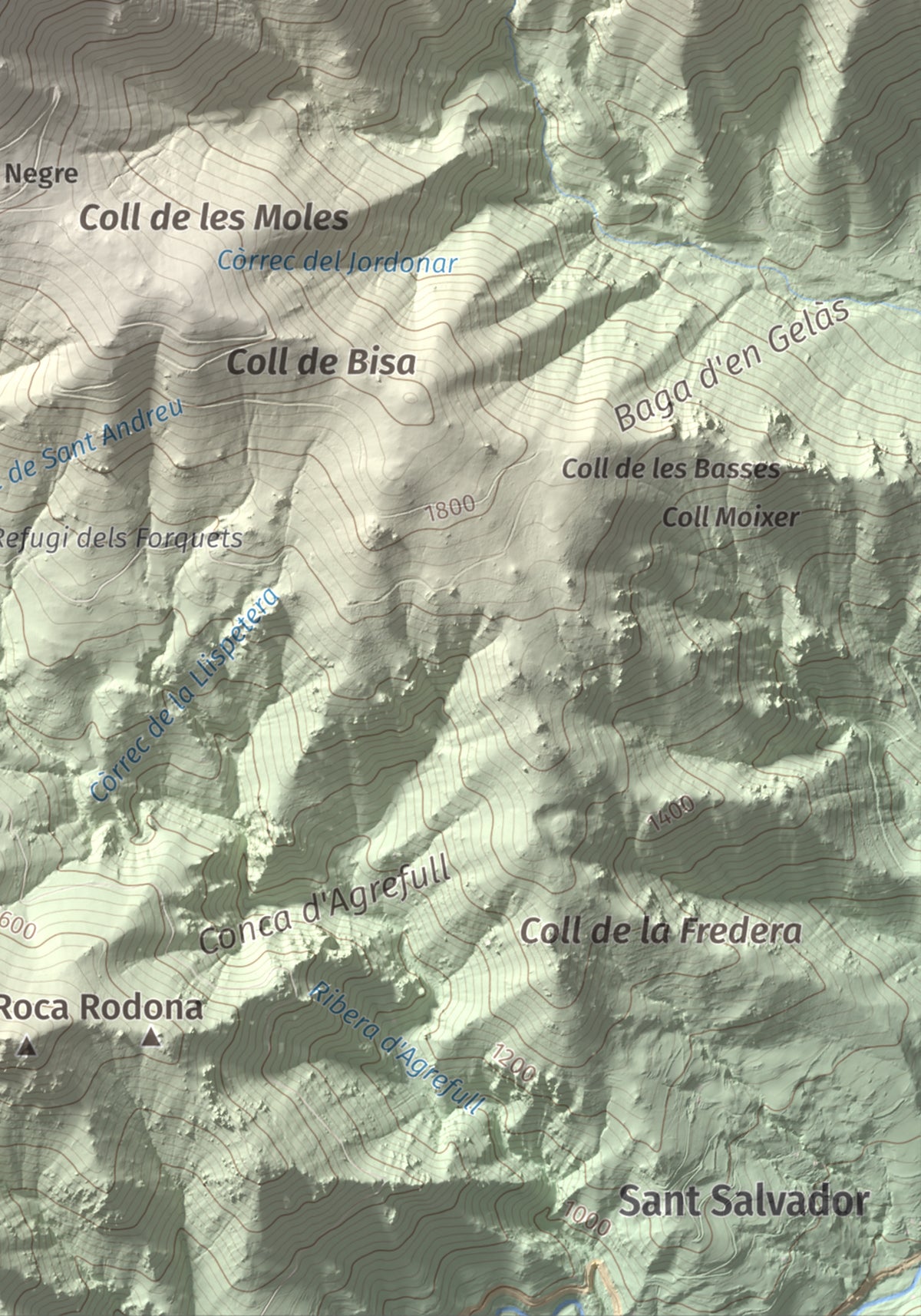 Mapa de relieve de Puig de la Collada Verda, 2403 m, Conflent · Vallespir, lámina 100 Cims de Trobart. Detalle de la zona inferior derecha. 21 × 30 cm.