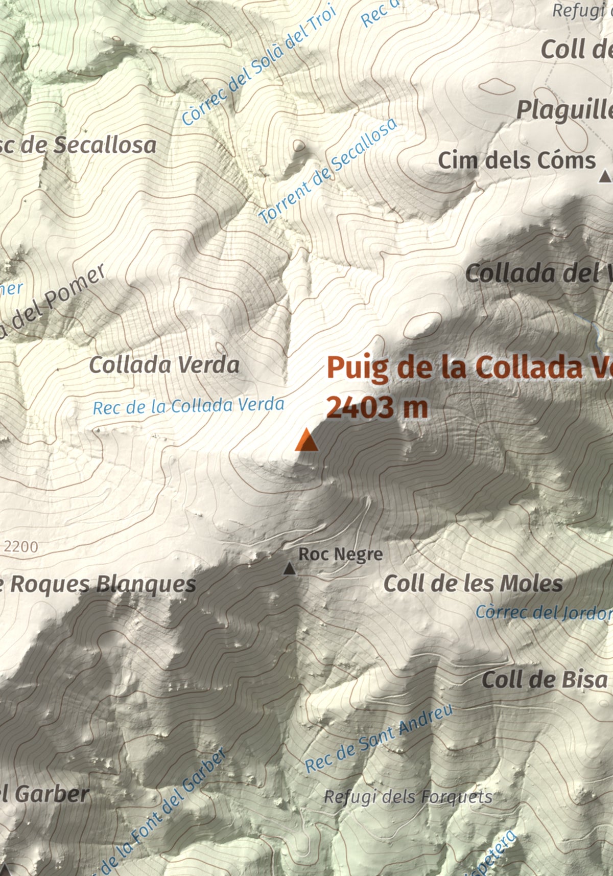 Mapa de relieve de Puig de la Collada Verda, 2403 m, Conflent · Vallespir, lámina 100 Cims de Trobart. Detalle de la zona central. 21 × 30 cm.