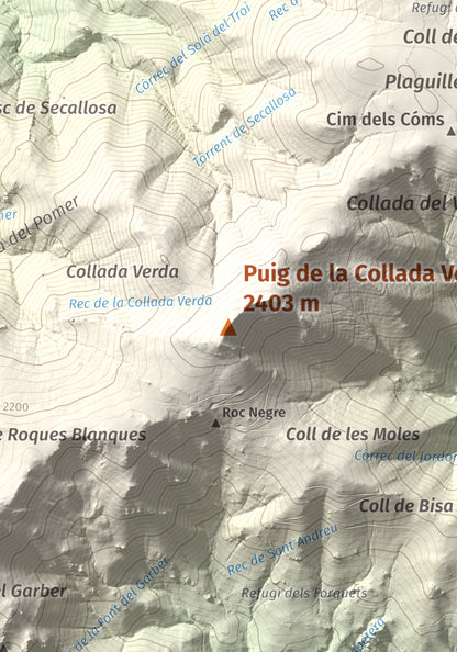 Mapa de relieve de Puig de la Collada Verda, 2403 m, Conflent · Vallespir, lámina 100 Cims de Trobart. Detalle de la zona central. 21 × 30 cm.