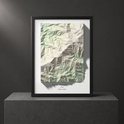 Mapa de relieve de Puig de la Collada Verda, 2403 m, Conflent · Vallespir, lámina 100 Cims de Trobart. Presentación enmarcada. 30 × 40 cm.