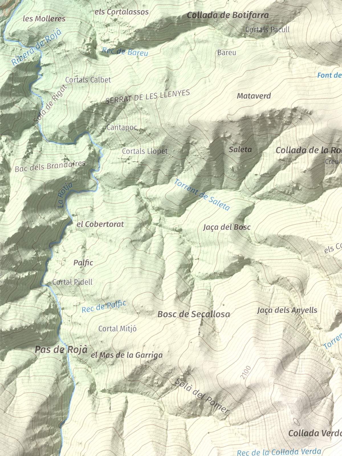 Mapa de relieve de Puig de la Collada Verda, 2403 m, Conflent · Vallespir, lámina 100 Cims de Trobart. Detalle de la zona superior izquierda. 30 × 40 cm.