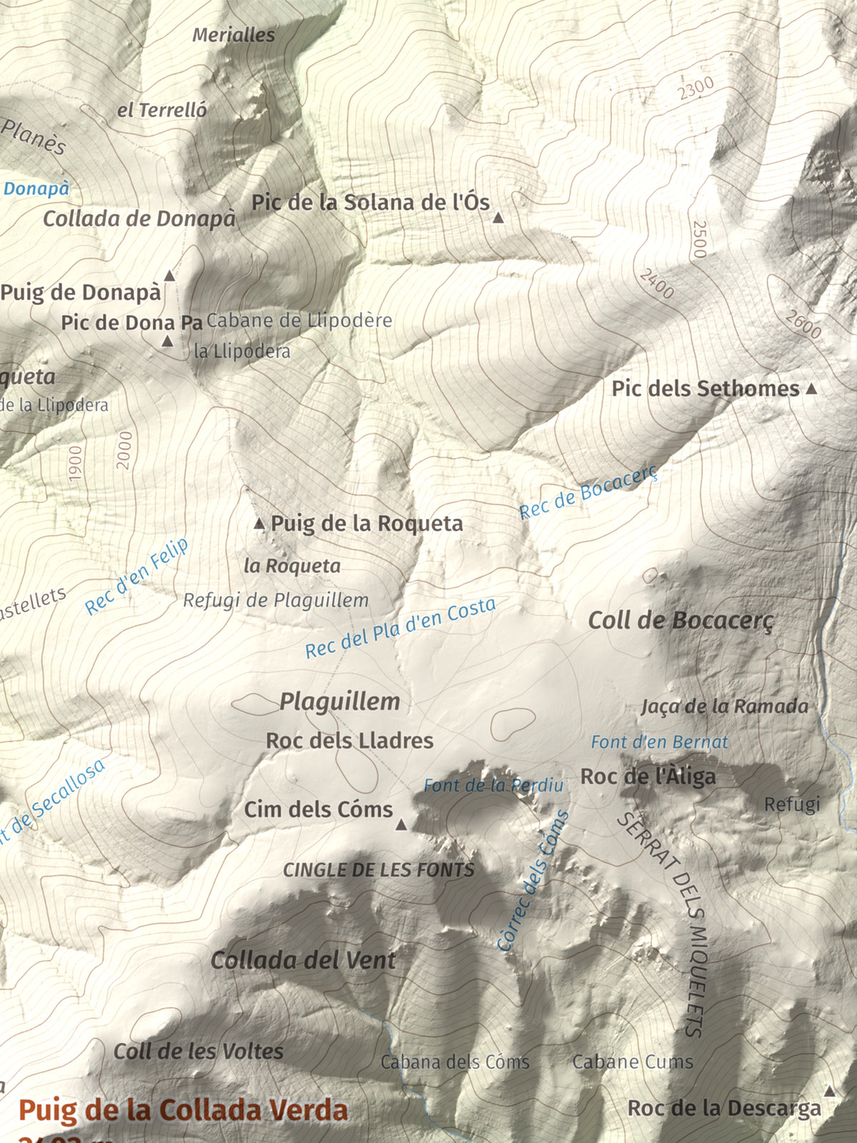 Mapa de relieve de Puig de la Collada Verda, 2403 m, Conflent · Vallespir, lámina 100 Cims de Trobart. Detalle de la zona superior derecha. 30 × 40 cm.