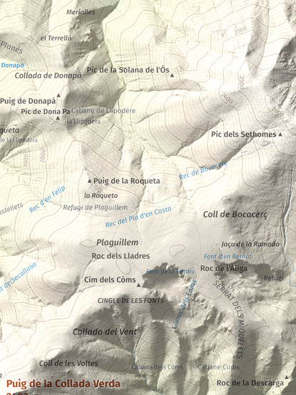 Mapa de relieve de Puig de la Collada Verda, 2403 m, Conflent · Vallespir, lámina 100 Cims de Trobart. Detalle de la zona superior derecha. 30 × 40 cm.