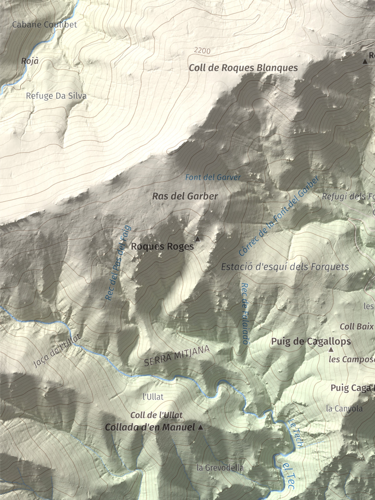 Mapa de relieve de Puig de la Collada Verda, 2403 m, Conflent · Vallespir, lámina 100 Cims de Trobart. Detalle de la zona inferior izquierda. 30 × 40 cm.