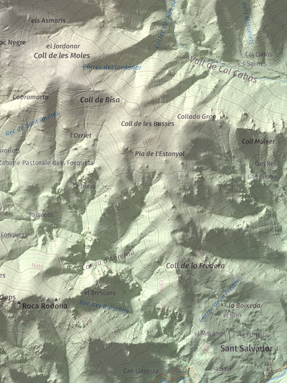 Mapa de relieve de Puig de la Collada Verda, 2403 m, Conflent · Vallespir, lámina 100 Cims de Trobart. Detalle de la zona inferior derecha. 30 × 40 cm.