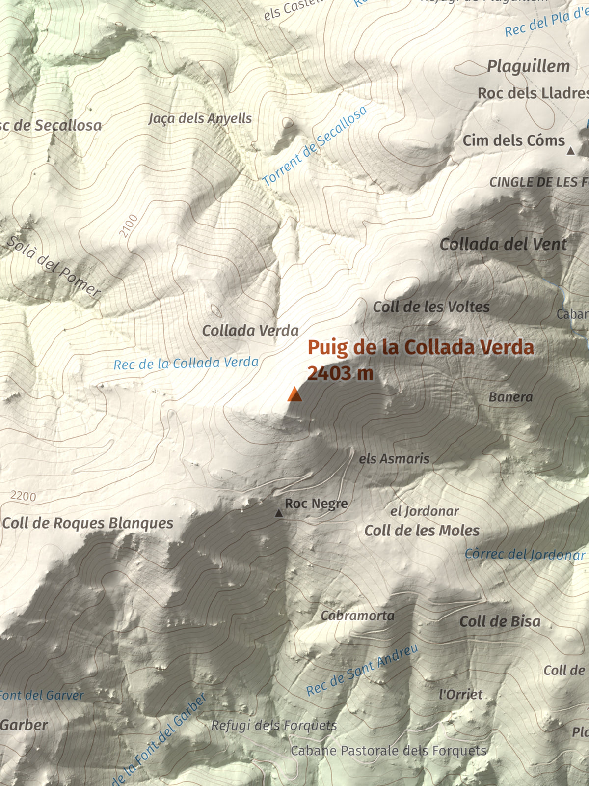 Mapa de relieve de Puig de la Collada Verda, 2403 m, Conflent · Vallespir, lámina 100 Cims de Trobart. Detalle de la zona central. 30 × 40 cm.