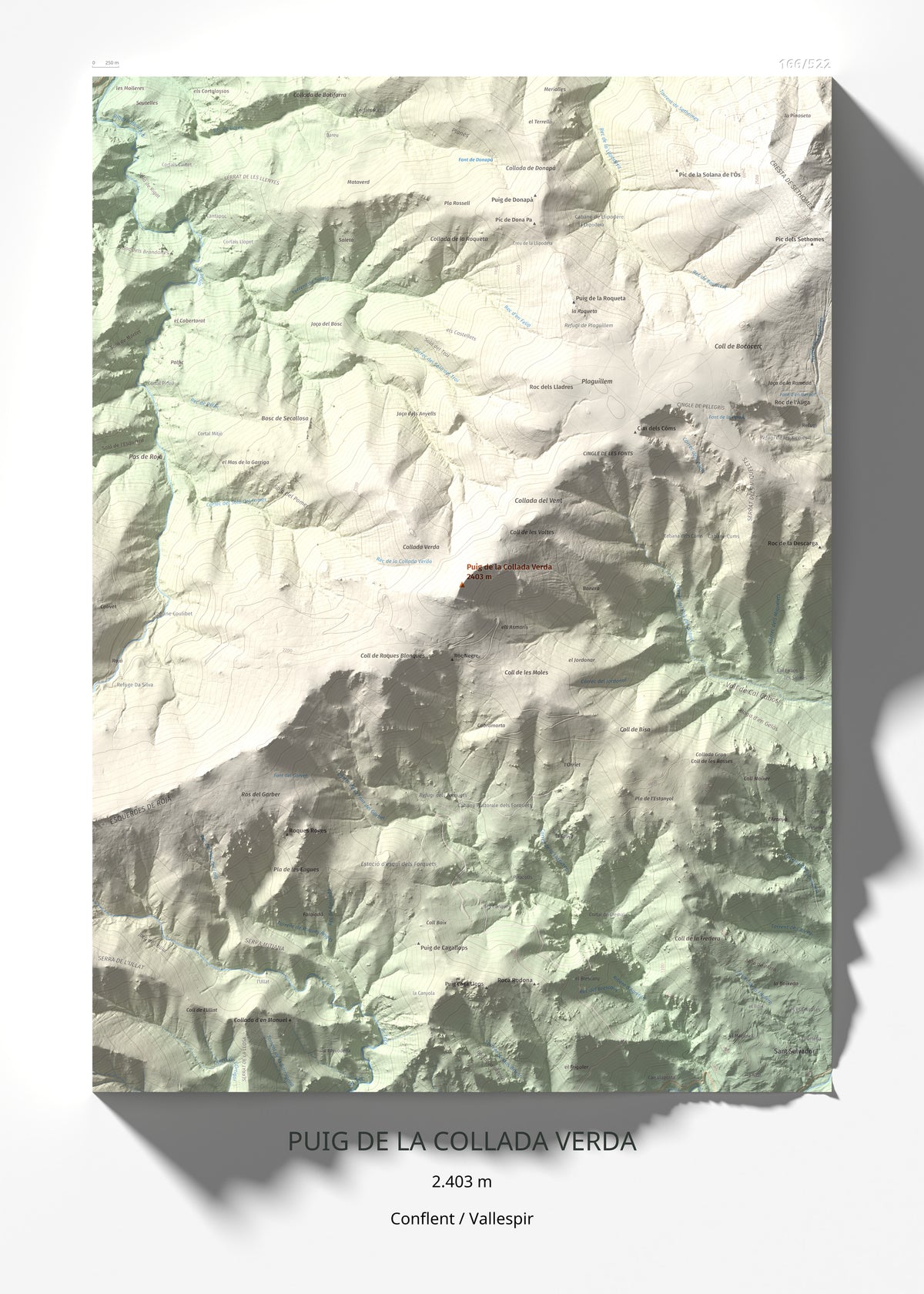 Mapa de relieve de Puig de la Collada Verda, 2403 m, Conflent · Vallespir, lámina 100 Cims de Trobart 50 × 70 cm.