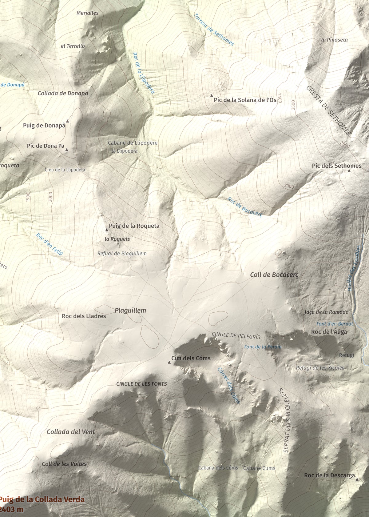 Mapa de relieve de Puig de la Collada Verda, 2403 m, Conflent · Vallespir, lámina 100 Cims de Trobart. Detalle de la zona superior derecha. 50 × 70 cm.
