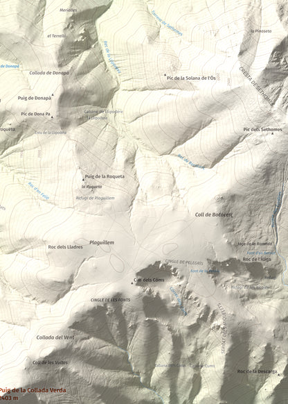 Mapa de relieve de Puig de la Collada Verda, 2403 m, Conflent · Vallespir, lámina 100 Cims de Trobart. Detalle de la zona superior derecha. 50 × 70 cm.