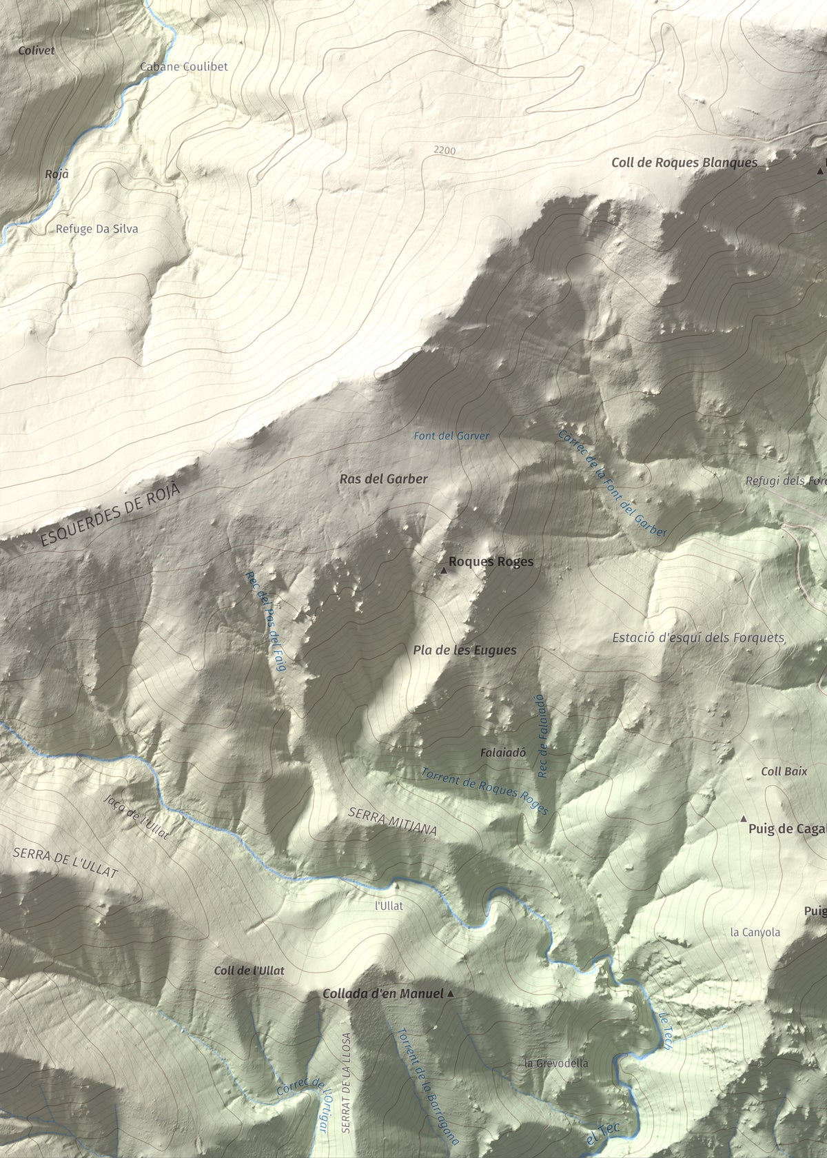 Mapa de relieve de Puig de la Collada Verda, 2403 m, Conflent · Vallespir, lámina 100 Cims de Trobart. Detalle de la zona inferior izquierda. 50 × 70 cm.