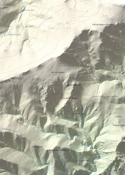 Mapa de relieve de Puig de la Collada Verda, 2403 m, Conflent · Vallespir, lámina 100 Cims de Trobart. Detalle de la zona inferior izquierda. 50 × 70 cm.