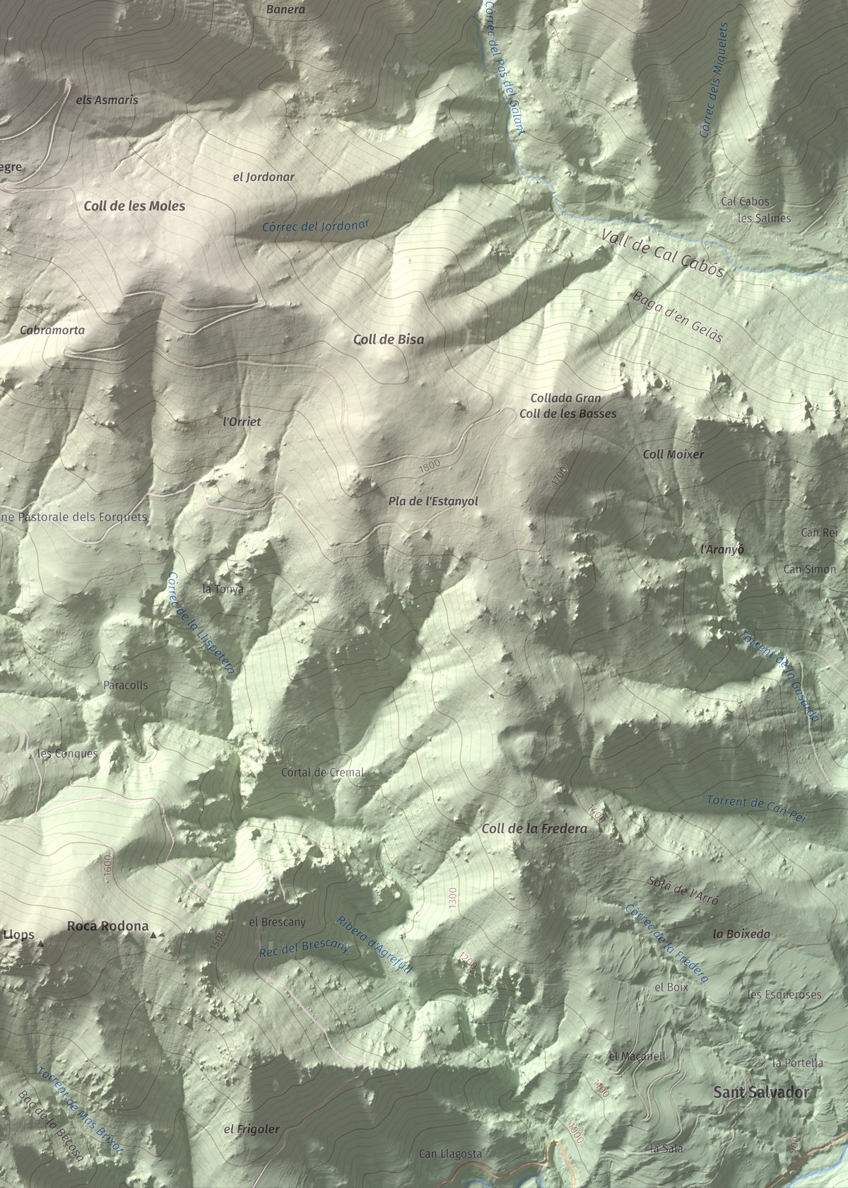 Mapa de relieve de Puig de la Collada Verda, 2403 m, Conflent · Vallespir, lámina 100 Cims de Trobart. Detalle de la zona inferior derecha. 50 × 70 cm.