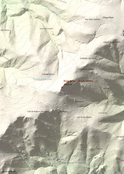Mapa de relieve de Puig de la Collada Verda, 2403 m, Conflent · Vallespir, lámina 100 Cims de Trobart. Detalle de la zona central. 50 × 70 cm.