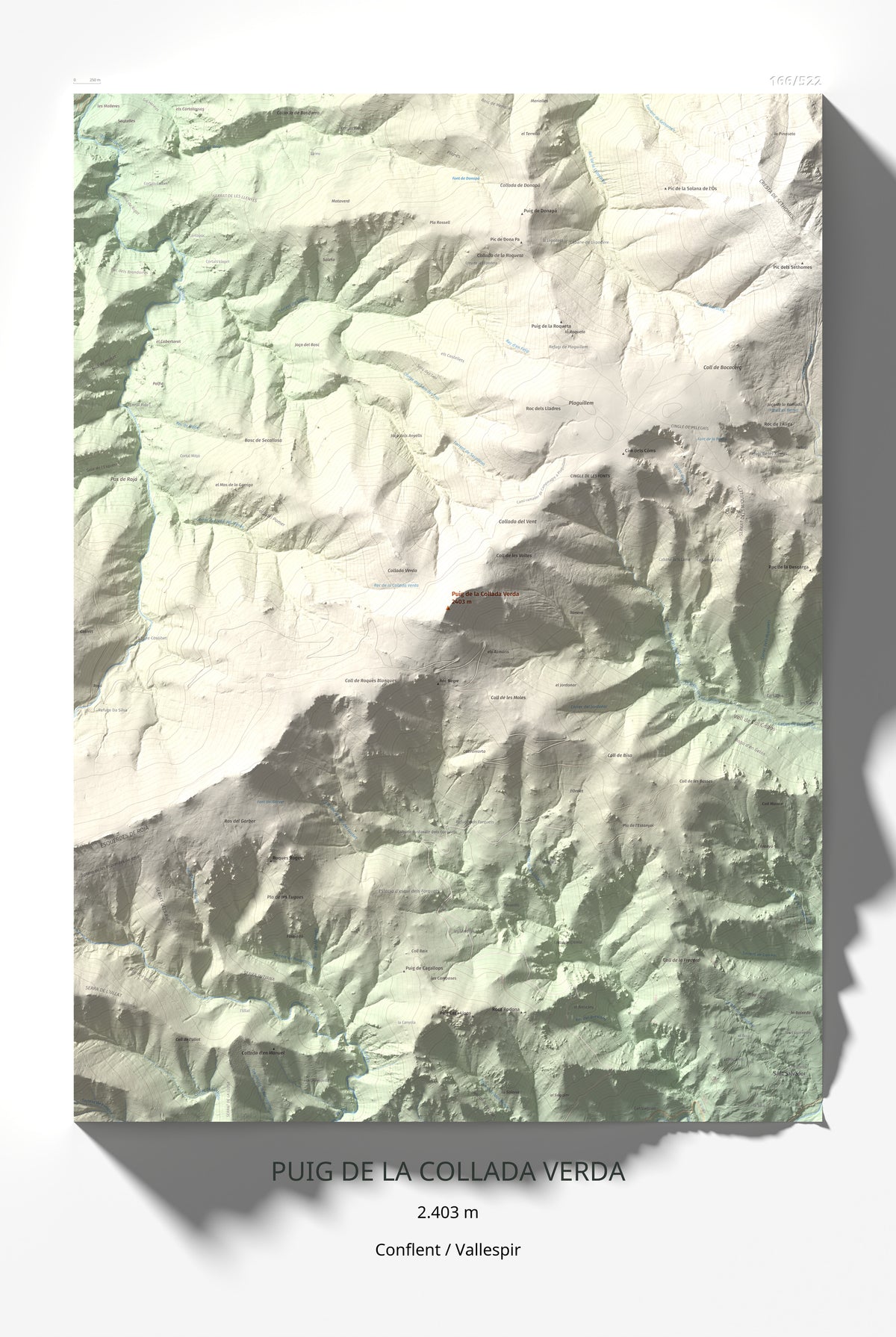 Mapa de relieve de Puig de la Collada Verda, 2403 m, Conflent · Vallespir, lámina 100 Cims de Trobart 61 × 91 cm.