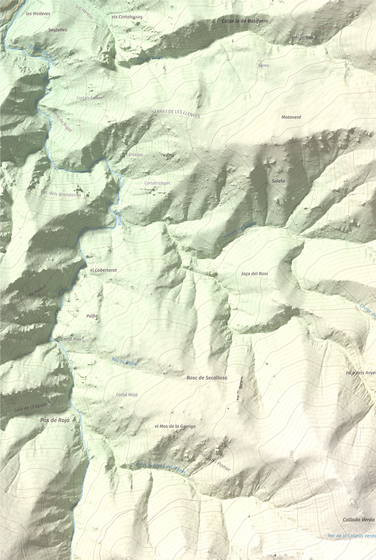 Mapa de relieve de Puig de la Collada Verda, 2403 m, Conflent · Vallespir, lámina 100 Cims de Trobart. Detalle de la zona superior izquierda. 61 × 91 cm.