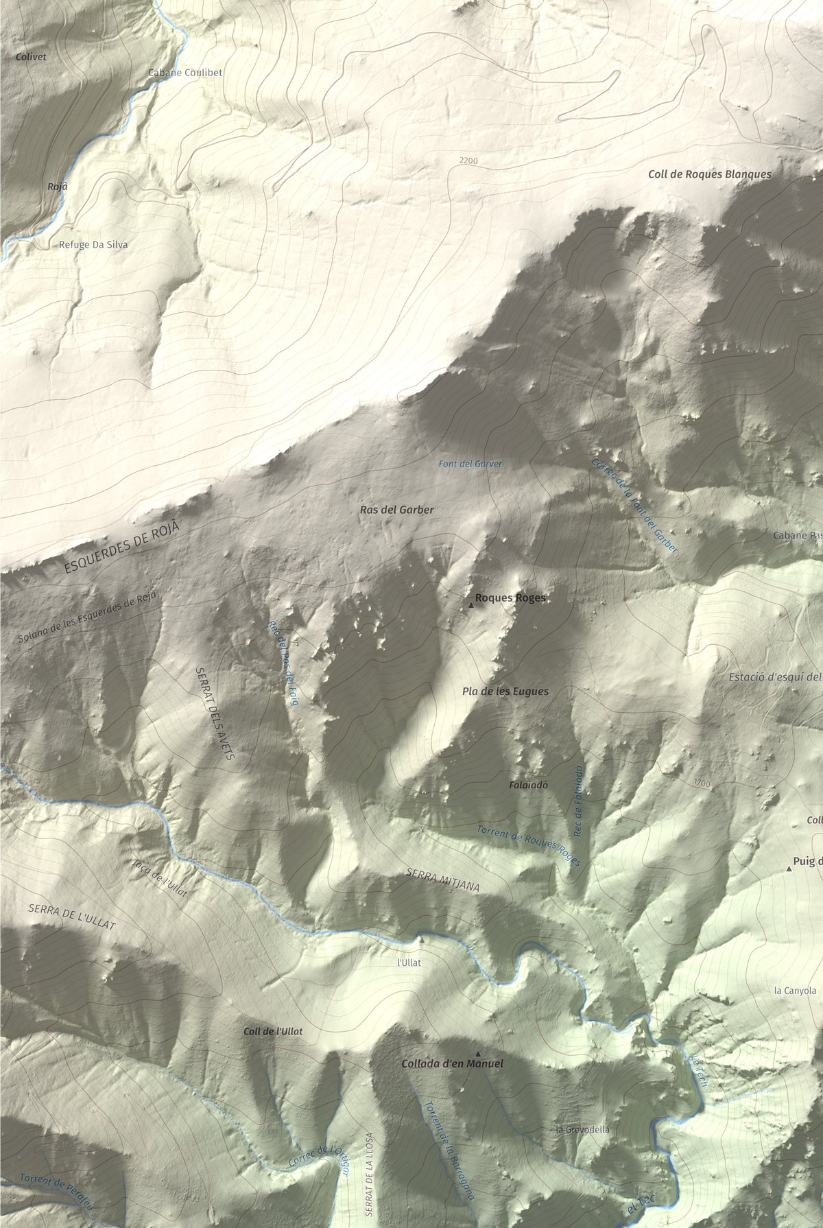 Mapa de relieve de Puig de la Collada Verda, 2403 m, Conflent · Vallespir, lámina 100 Cims de Trobart. Detalle de la zona inferior izquierda. 61 × 91 cm.