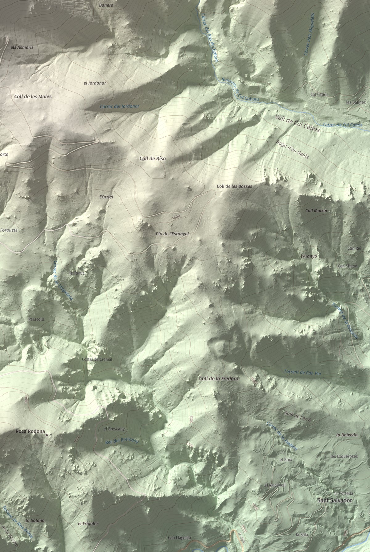 Mapa de relieve de Puig de la Collada Verda, 2403 m, Conflent · Vallespir, lámina 100 Cims de Trobart. Detalle de la zona inferior derecha. 61 × 91 cm.