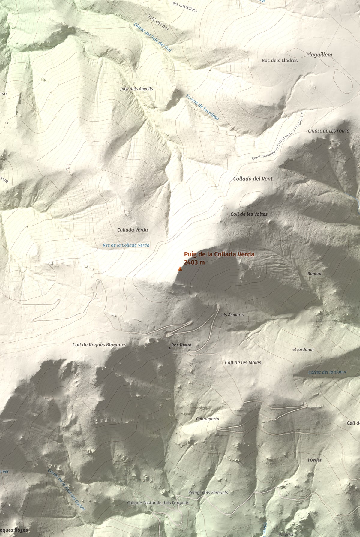 Mapa de relieve de Puig de la Collada Verda, 2403 m, Conflent · Vallespir, lámina 100 Cims de Trobart. Detalle de la zona central. 61 × 91 cm.