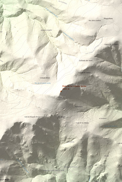 Mapa de relieve de Puig de la Collada Verda, 2403 m, Conflent · Vallespir, lámina 100 Cims de Trobart. Detalle de la zona central. 61 × 91 cm.