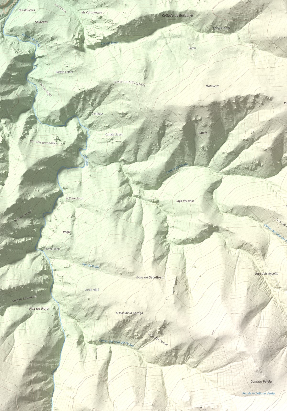 Mapa de relieve de Puig de la Collada Verda, 2403 m, Conflent · Vallespir, lámina 100 Cims de Trobart. Detalle de la zona superior izquierda. 70 × 100 cm.