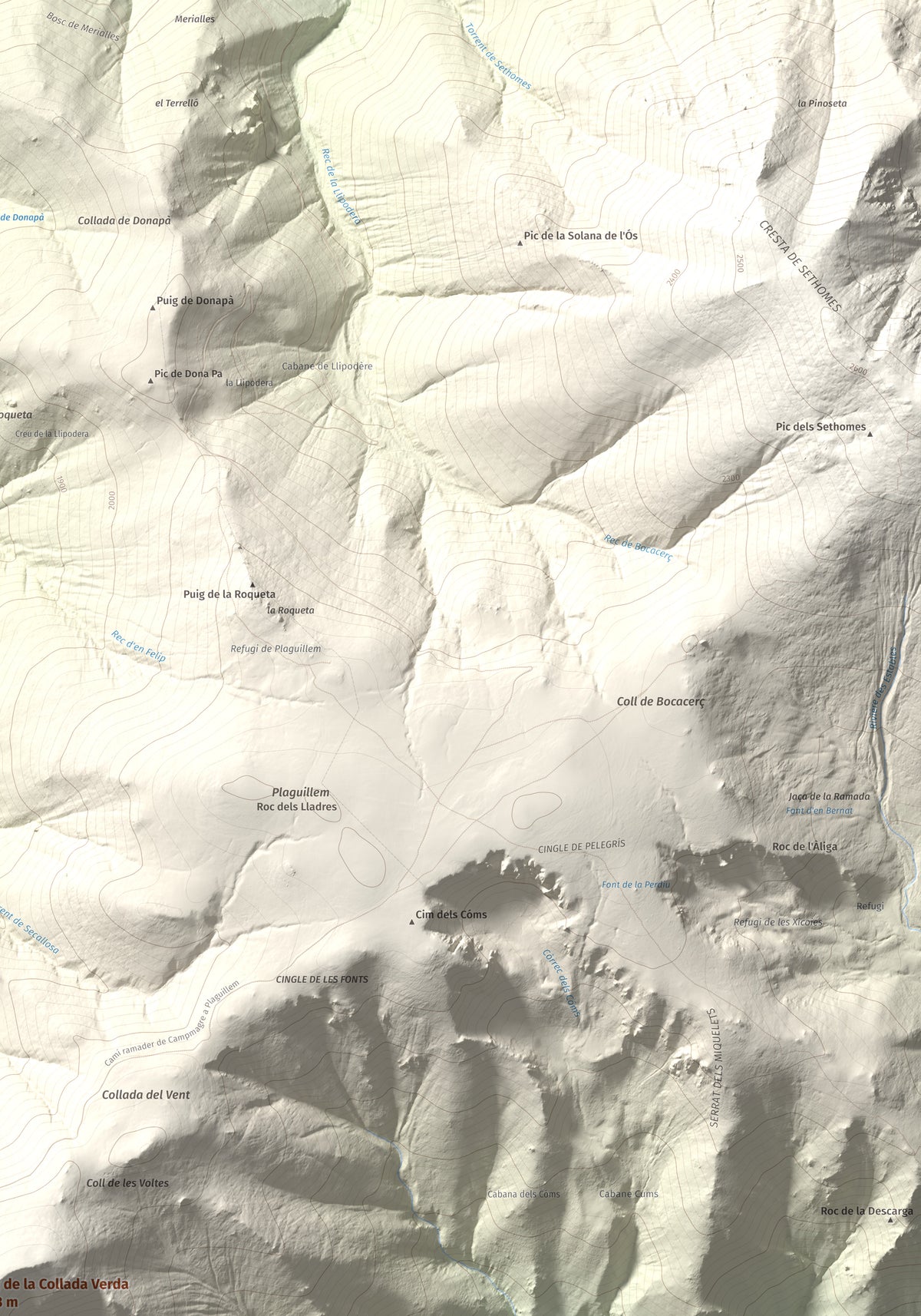 Mapa de relieve de Puig de la Collada Verda, 2403 m, Conflent · Vallespir, lámina 100 Cims de Trobart. Detalle de la zona superior derecha. 70 × 100 cm.