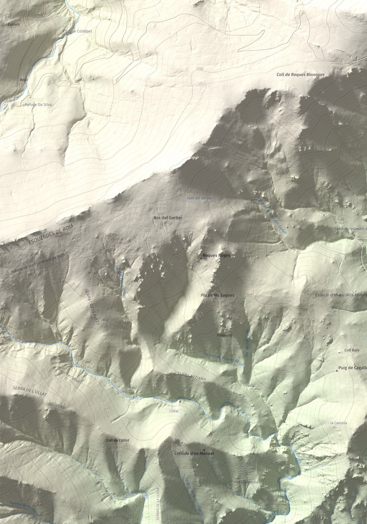 Mapa de relieve de Puig de la Collada Verda, 2403 m, Conflent · Vallespir, lámina 100 Cims de Trobart. Detalle de la zona inferior izquierda. 70 × 100 cm.