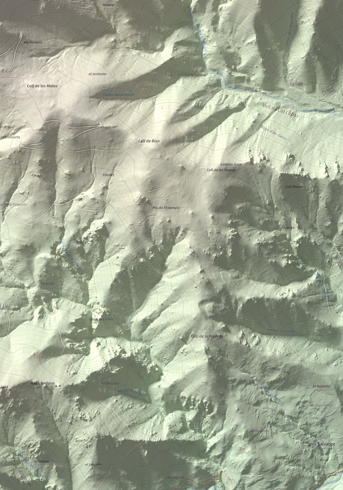 Mapa de relieve de Puig de la Collada Verda, 2403 m, Conflent · Vallespir, lámina 100 Cims de Trobart. Detalle de la zona inferior derecha. 70 × 100 cm.