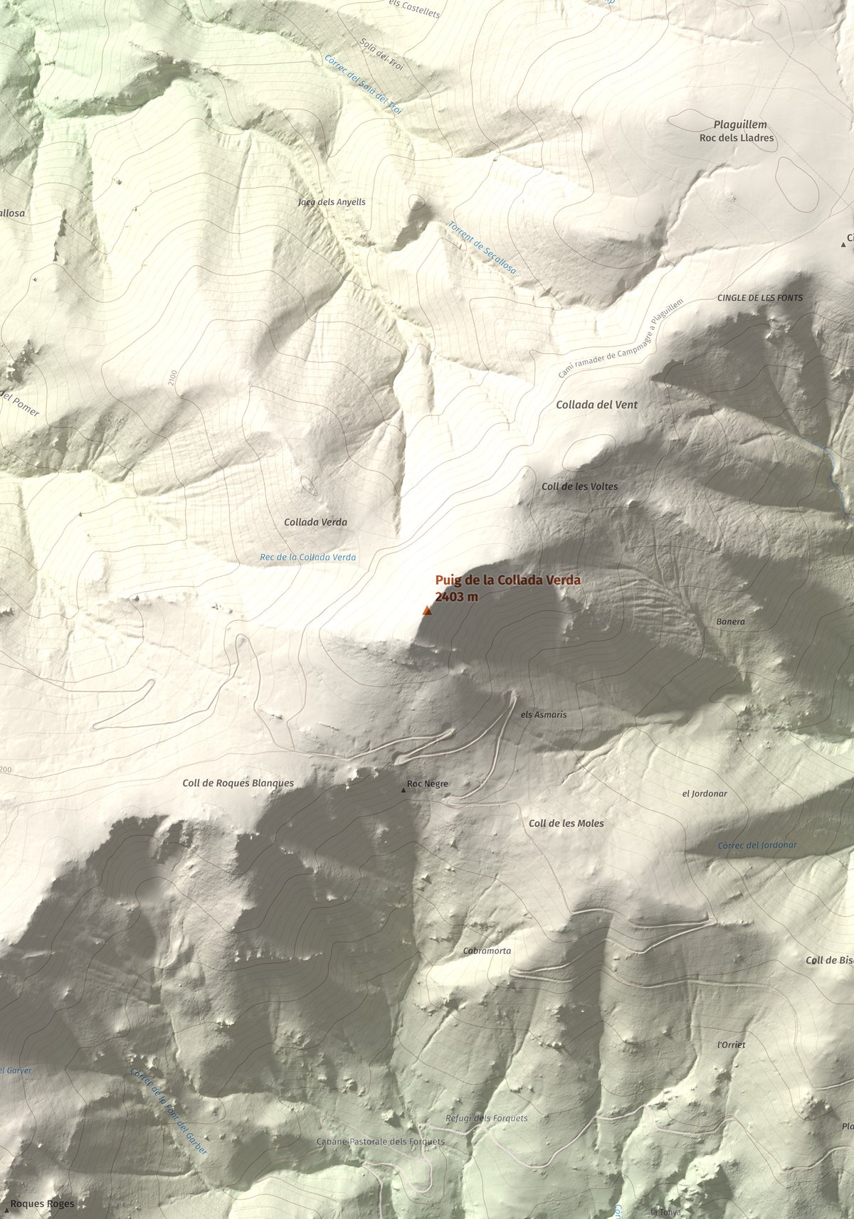 Mapa de relieve de Puig de la Collada Verda, 2403 m, Conflent · Vallespir, lámina 100 Cims de Trobart. Detalle de la zona central. 70 × 100 cm.