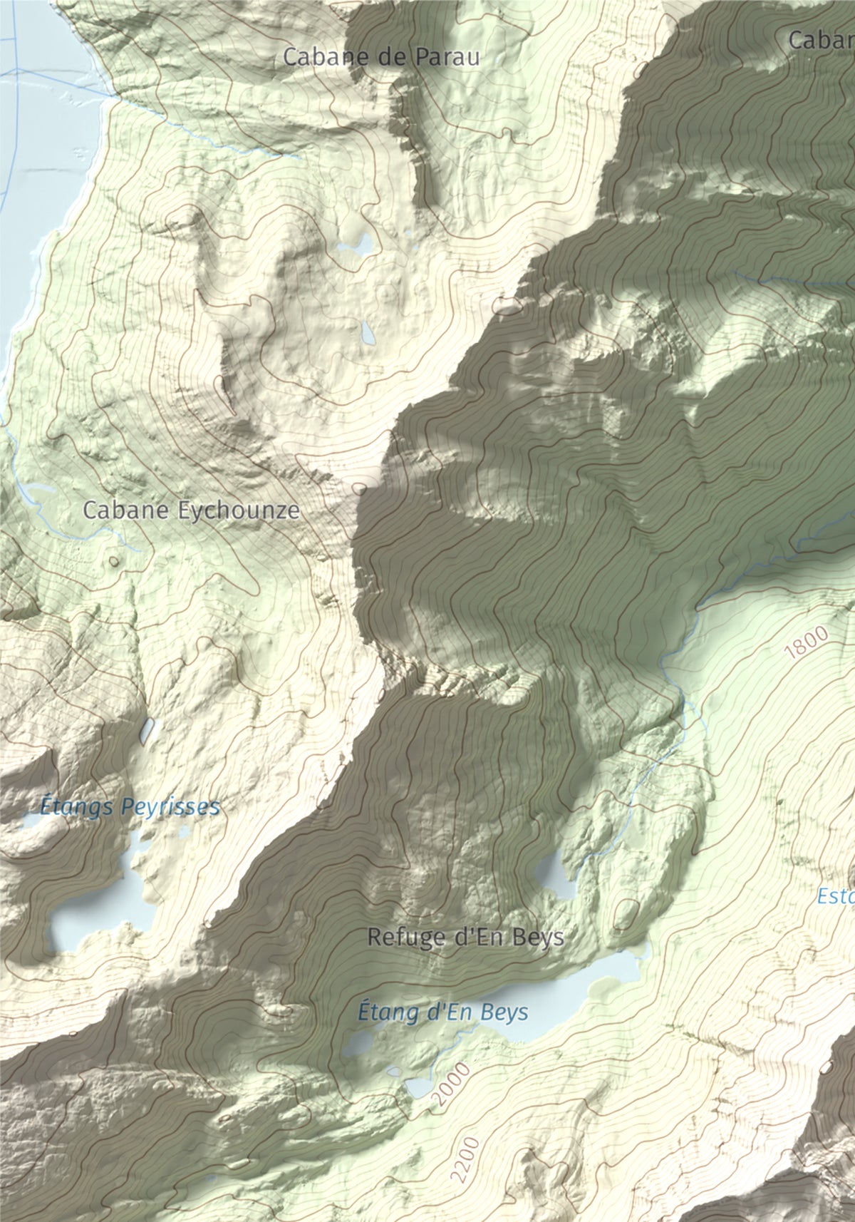 Mapa de relieve de Puig de la Cometa, 2763 m, Cerdanya Nord, lámina 100 Cims de Trobart. Detalle de la zona superior izquierda. 21 × 30 cm.
