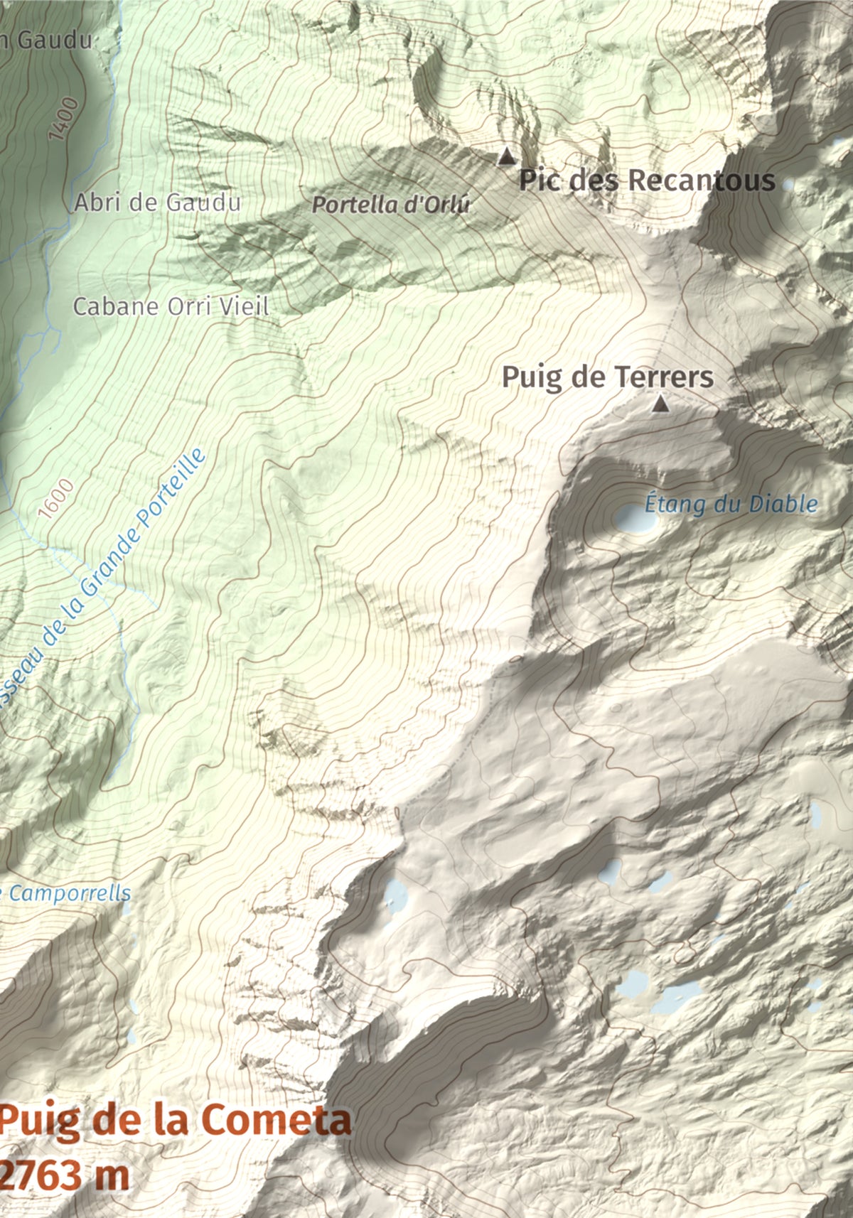 Mapa de relieve de Puig de la Cometa, 2763 m, Cerdanya Nord, lámina 100 Cims de Trobart. Detalle de la zona superior derecha. 21 × 30 cm.