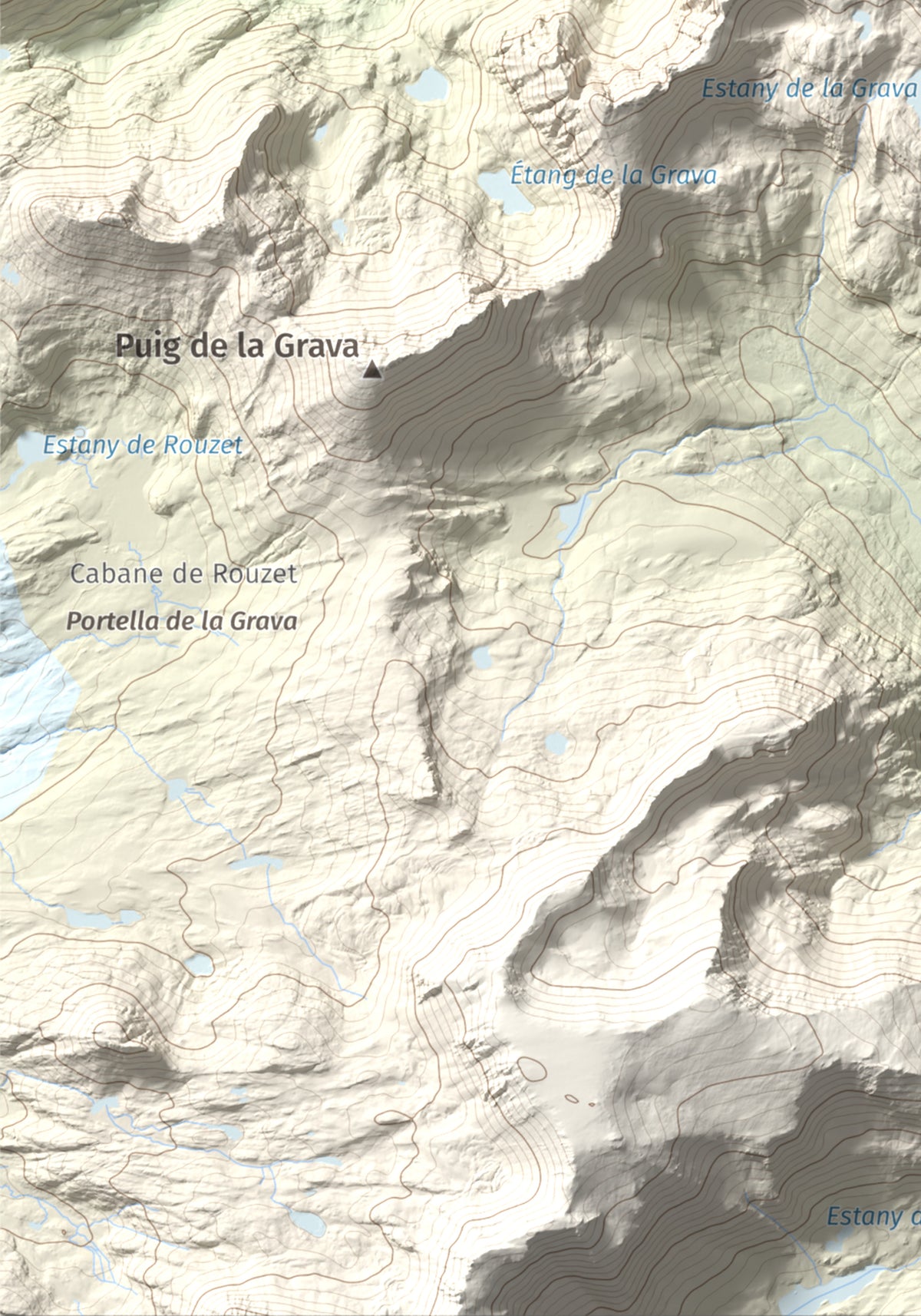 Mapa de relieve de Puig de la Cometa, 2763 m, Cerdanya Nord, lámina 100 Cims de Trobart. Detalle de la zona inferior izquierda. 21 × 30 cm.