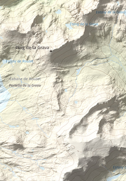 Mapa de relieve de Puig de la Cometa, 2763 m, Cerdanya Nord, lámina 100 Cims de Trobart. Detalle de la zona inferior izquierda. 21 × 30 cm.