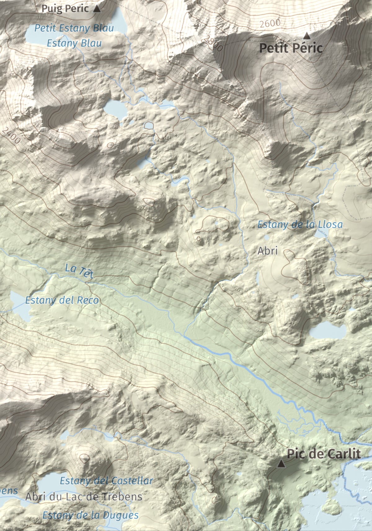 Mapa de relieve de Puig de la Cometa, 2763 m, Cerdanya Nord, lámina 100 Cims de Trobart. Detalle de la zona inferior derecha. 21 × 30 cm.