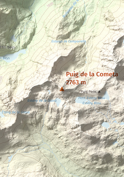 Mapa de relieve de Puig de la Cometa, 2763 m, Cerdanya Nord, lámina 100 Cims de Trobart. Detalle de la zona central. 21 × 30 cm.