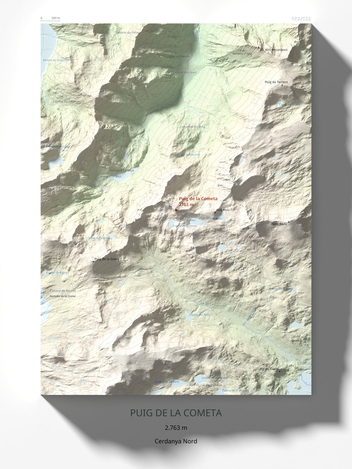 Mapa de relieve de Puig de la Cometa, 2763 m, Cerdanya Nord, lámina 100 Cims de Trobart 30 × 40 cm.