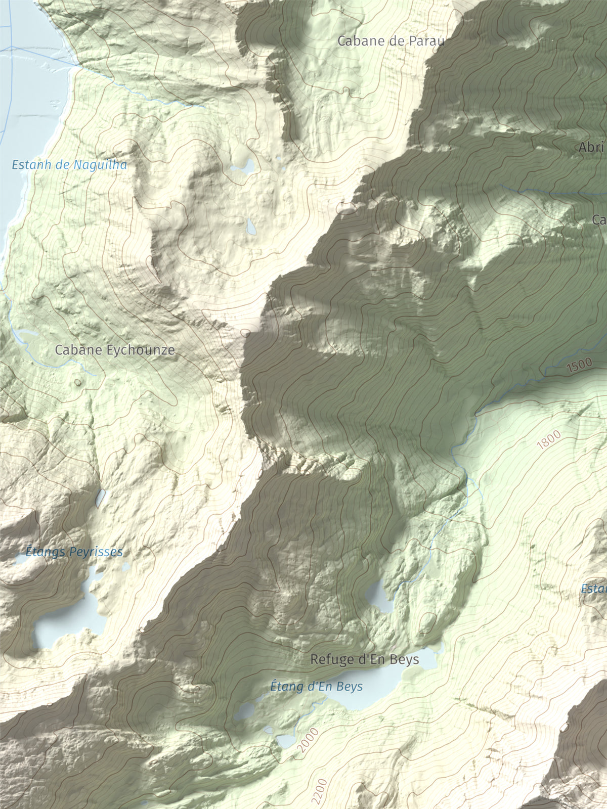 Mapa de relieve de Puig de la Cometa, 2763 m, Cerdanya Nord, lámina 100 Cims de Trobart. Detalle de la zona superior izquierda. 30 × 40 cm.