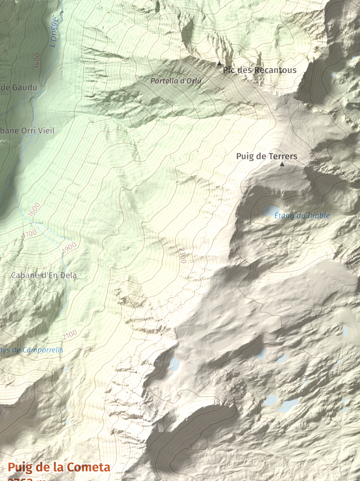 Mapa de relieve de Puig de la Cometa, 2763 m, Cerdanya Nord, lámina 100 Cims de Trobart. Detalle de la zona superior derecha. 30 × 40 cm.