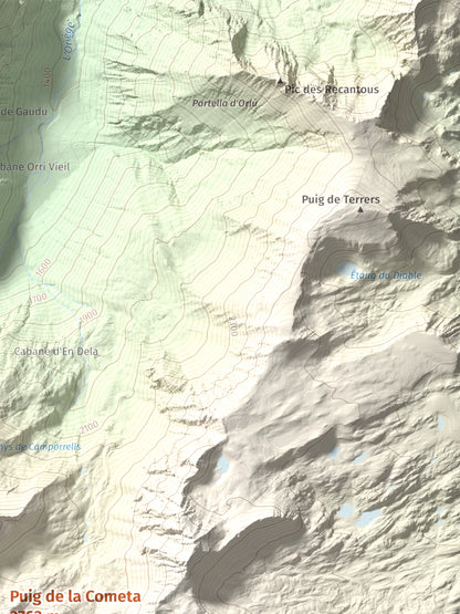 Mapa de relieve de Puig de la Cometa, 2763 m, Cerdanya Nord, lámina 100 Cims de Trobart. Detalle de la zona superior derecha. 30 × 40 cm.