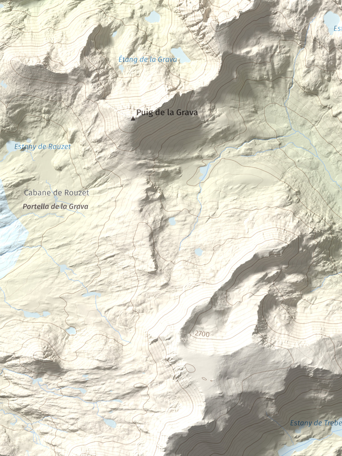 Mapa de relieve de Puig de la Cometa, 2763 m, Cerdanya Nord, lámina 100 Cims de Trobart. Detalle de la zona inferior izquierda. 30 × 40 cm.