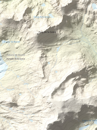 Mapa de relieve de Puig de la Cometa, 2763 m, Cerdanya Nord, lámina 100 Cims de Trobart. Detalle de la zona inferior izquierda. 30 × 40 cm.