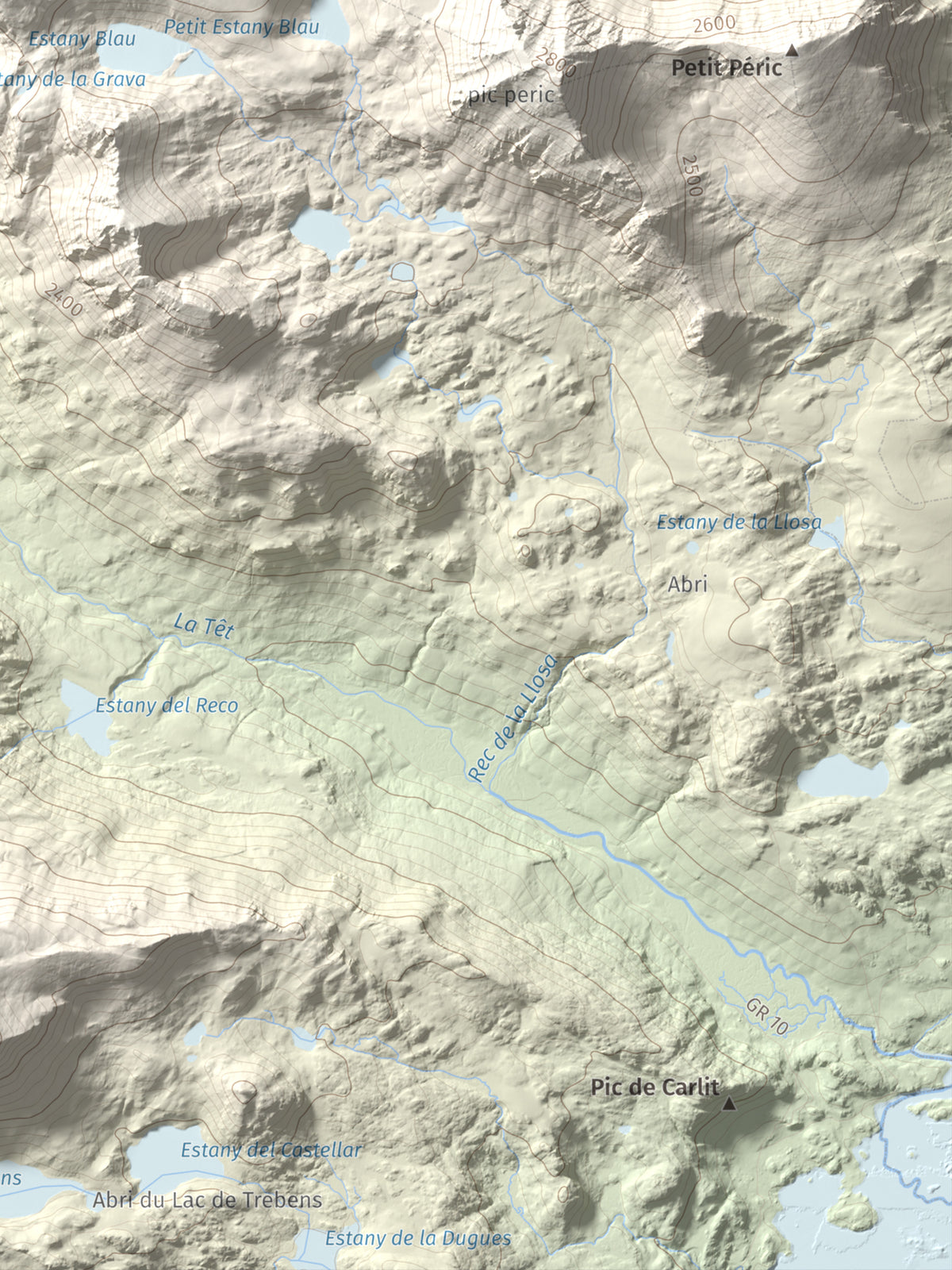 Mapa de relieve de Puig de la Cometa, 2763 m, Cerdanya Nord, lámina 100 Cims de Trobart. Detalle de la zona inferior derecha. 30 × 40 cm.