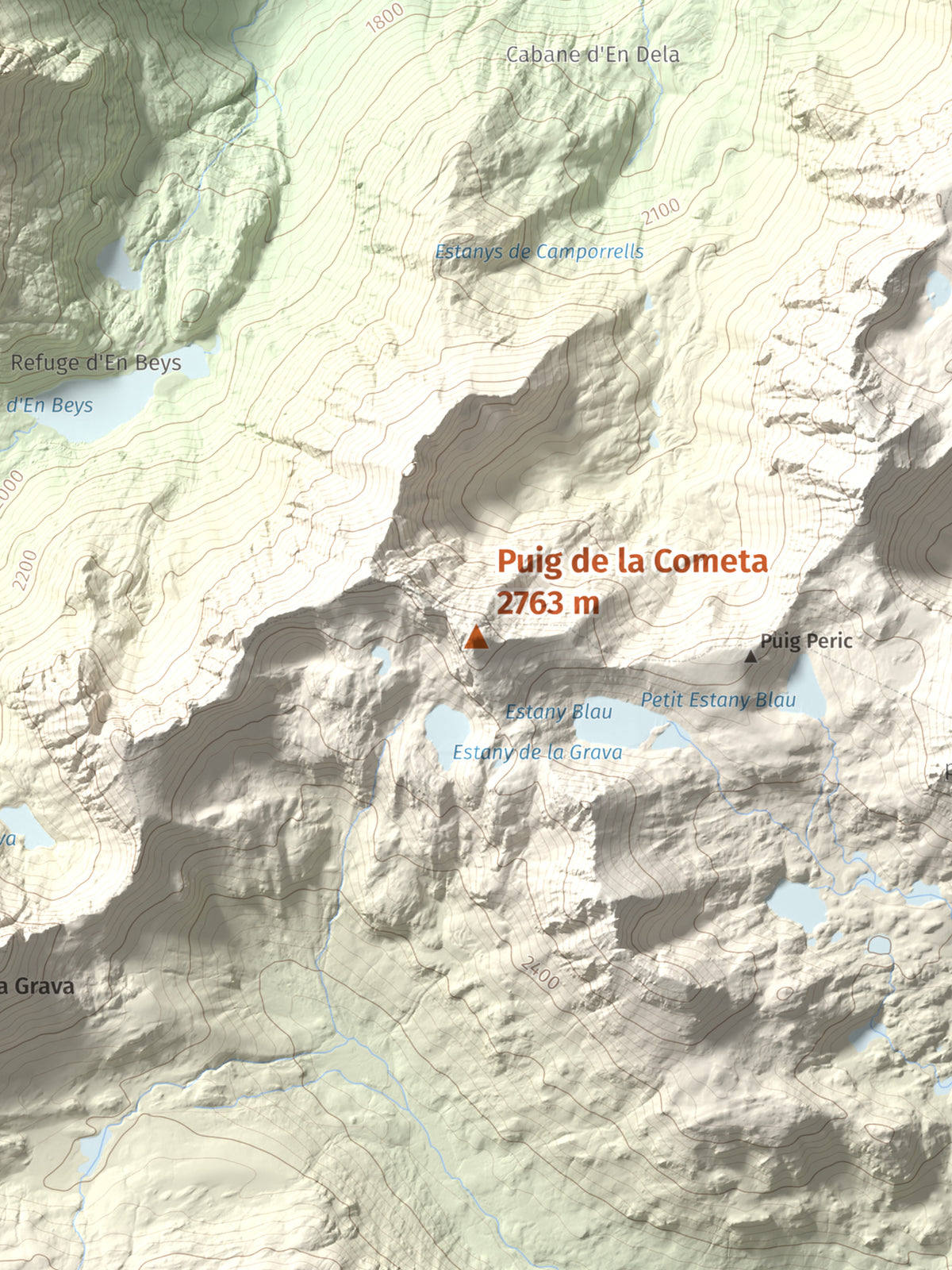 Mapa de relieve de Puig de la Cometa, 2763 m, Cerdanya Nord, lámina 100 Cims de Trobart. Detalle de la zona central. 30 × 40 cm.